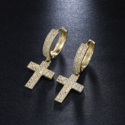 Silver Color Cross Stud Earrings with Bling Zircon Stone for Man Women Hip Hop Fashion Jewelry 2021 New