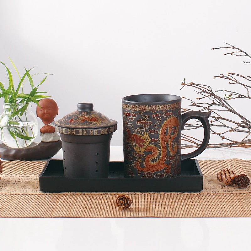 Traditional Chinese Dragon Purple Clay Tea Mug with Lid Strainer Retro Handmade Yixing Tea Cup Zisha Teacup Gift Mug Tumbler