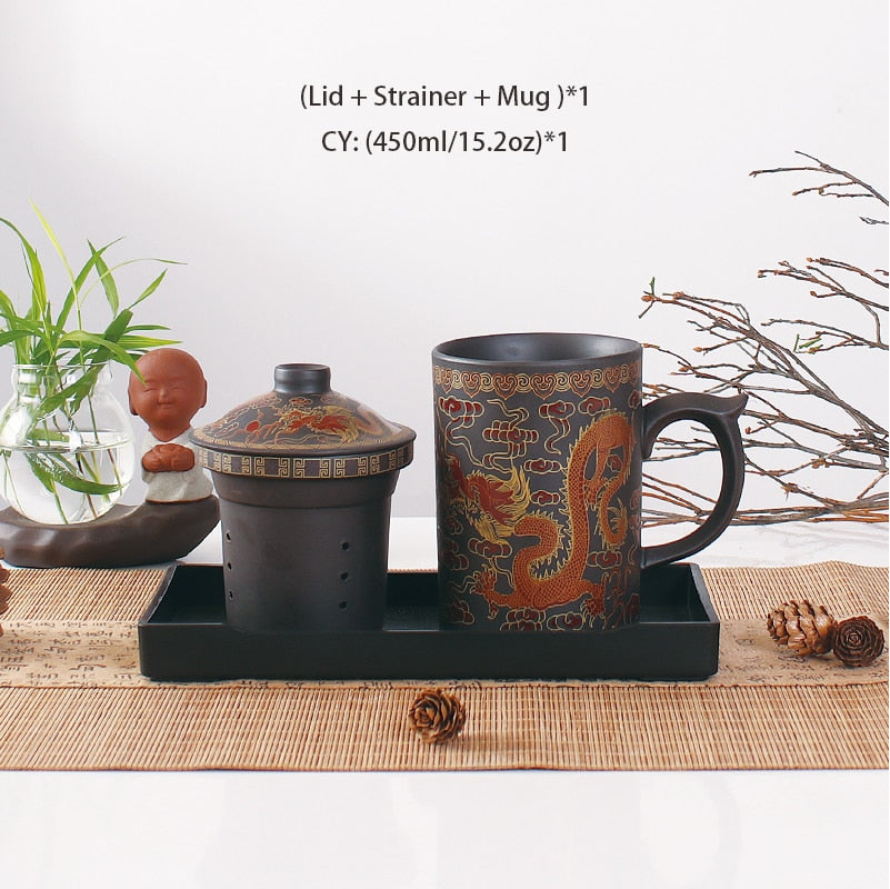 Traditional Chinese Dragon Purple Clay Tea Mug with Lid Strainer Retro Handmade Yixing Tea Cup Zisha Teacup Gift Mug Tumbler