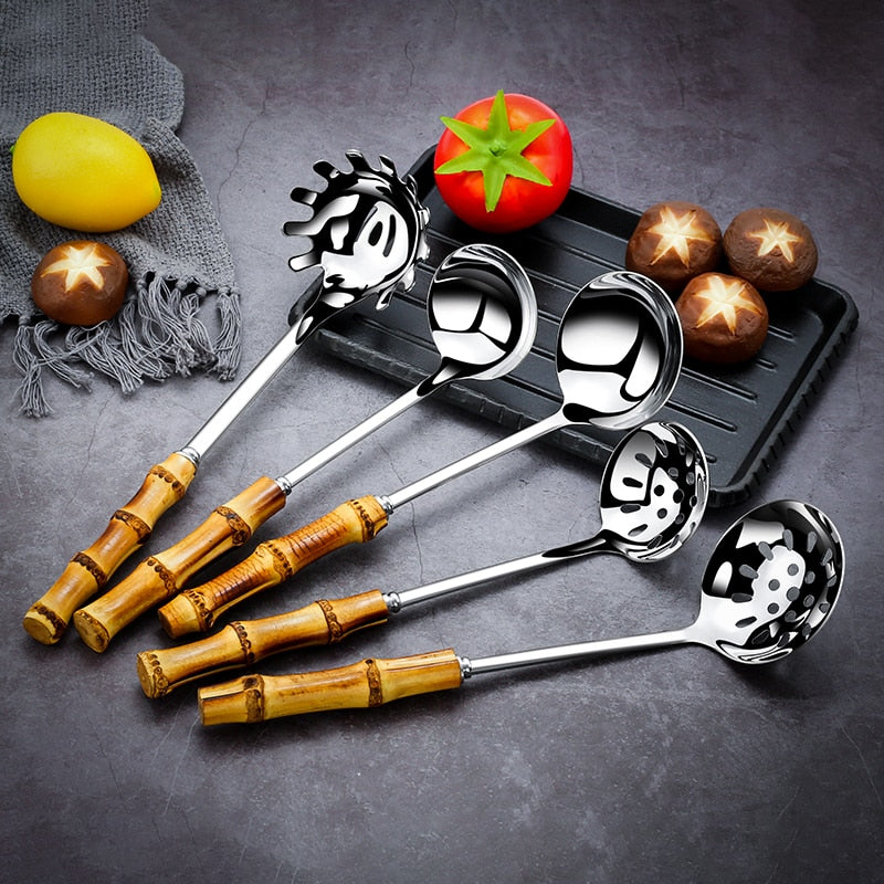 Metal Colander Stainless Steel Spoon Noodle Spoon Colander Bamboo Handle Practical Pasta Tools Soup Scoop Kitchen Accessories