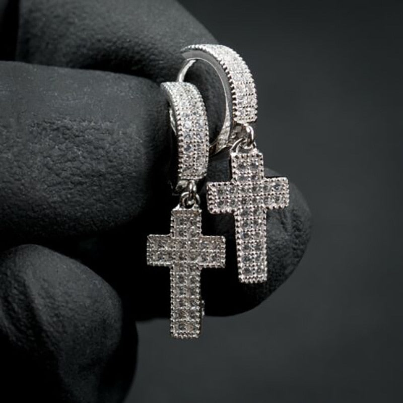 Silver Color Cross Stud Earrings with Bling Zircon Stone for Man Women Hip Hop Fashion Jewelry 2021 New