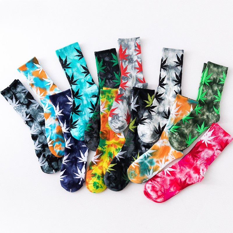 2022 High-quality Tie-dyed Maple Leaf Socks Long Fashion Weed Socks Men Skateboard Hiphop Socks Meias Women Couple Socks 1 Pairs