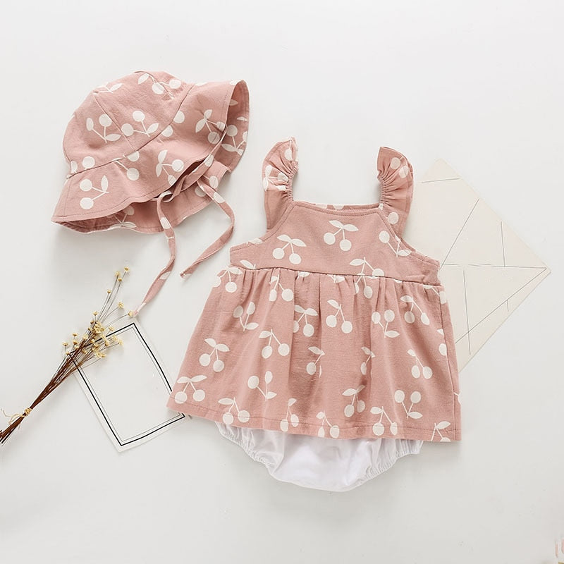 Humor Bear Summer Baby Clothes Brand New Rompers Clothing Fashion Cute Cherry Prints Kids Clothing+ Hat Toddler Girl dress