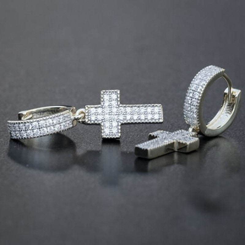Silver Color Cross Stud Earrings with Bling Zircon Stone for Man Women Hip Hop Fashion Jewelry 2021 New