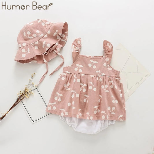 Humor Bear Summer Baby Clothes Brand New Rompers Clothing Fashion Cute Cherry Prints Kids Clothing+ Hat Toddler Girl dress