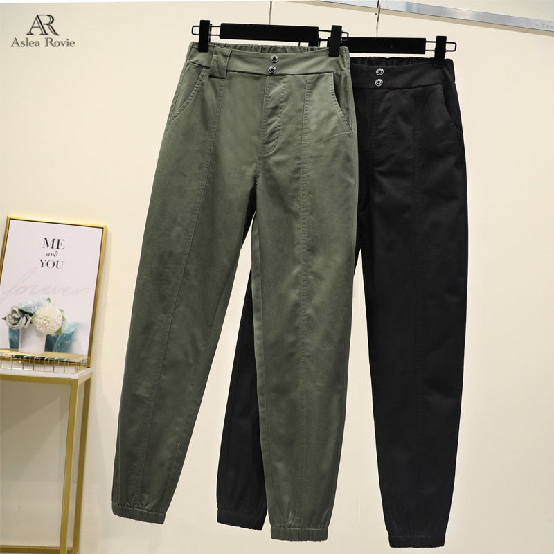 Cargo Pants  Women  High Waist  Plus Size  Casual Loose  Elastic Waist Ankle-length Army Green Black  Trousers Women 4XL 5XL