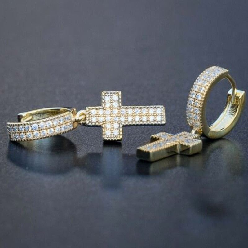 Silver Color Cross Stud Earrings with Bling Zircon Stone for Man Women Hip Hop Fashion Jewelry 2021 New