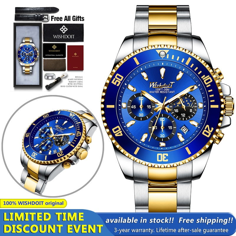 100%Original WISHDOIT Watch for Men TOP Brand Waterproof Sports Stainless Steel Chronograph 2022New Fashion Luxury Wristwatches