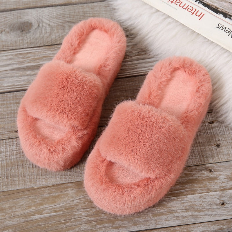 2022 Daughter Quality Luxury One Word Thick Sole Warm Plus Velvet Home Women Shoes Plush Open Toe Cotton Slippers Free Shipping