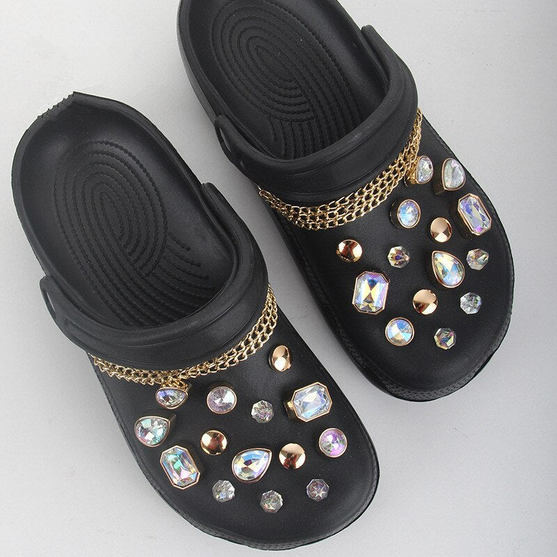 1 Set JIBZ Croc Charms Designer Bling Luxury Flower Perfume Accessories Decorations for Croc Golden Pearl Rhinestone Shoes New