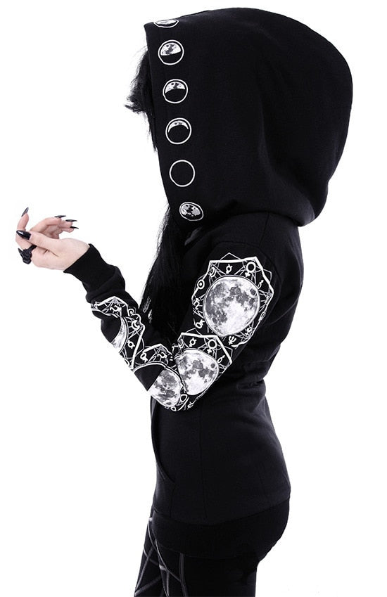 Autumn Female Hooded Sweatshirt Zipper Up Slit Back Long Sleeve Loose  print Women Fleece Hoodies Coats plus size women goth