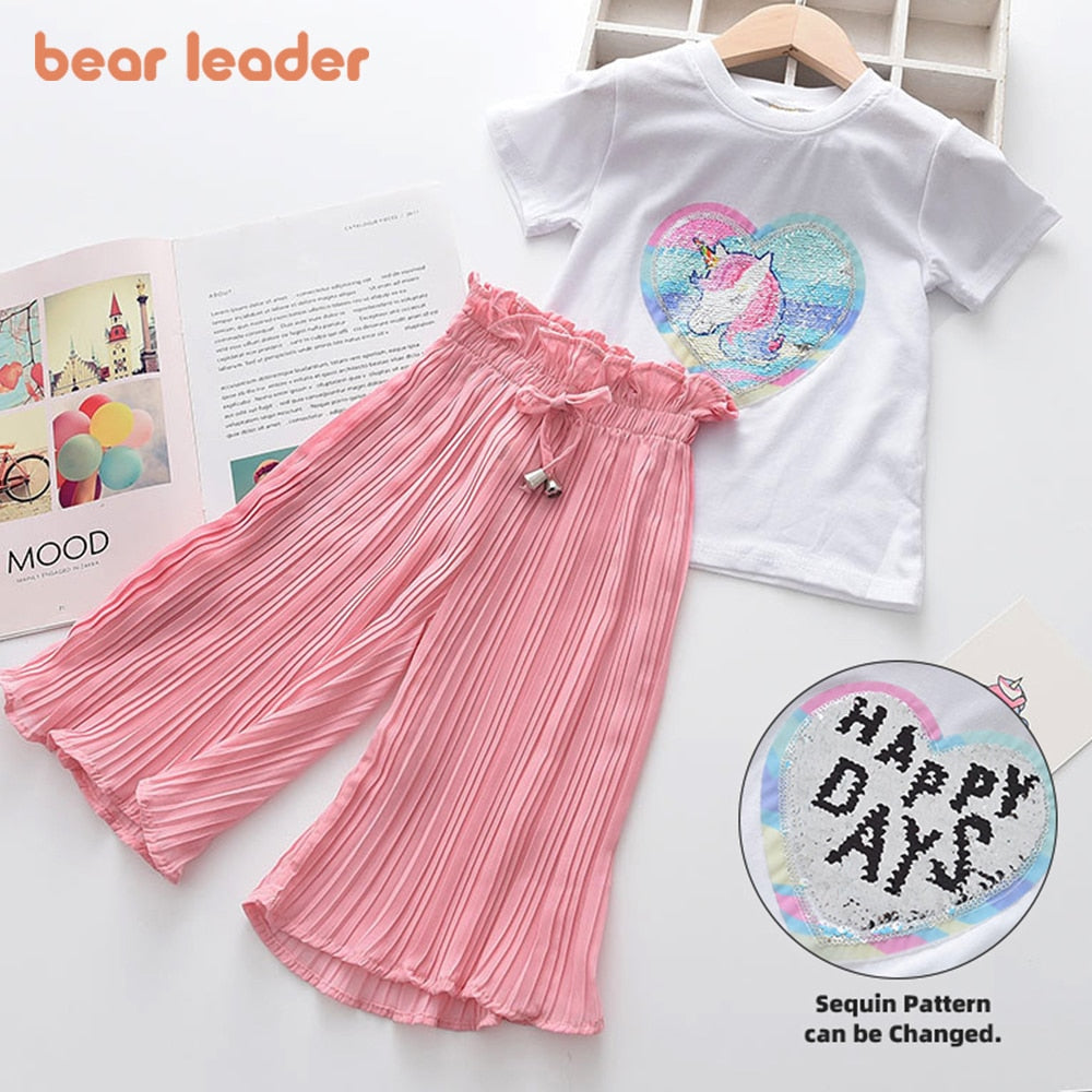 Bear Leader Girls Clothing Sets 2022 Brand Girls Clothes Kids Clothing Sets Unicorn Sequins Chiffon Children Clothing 2Pcs Suits
