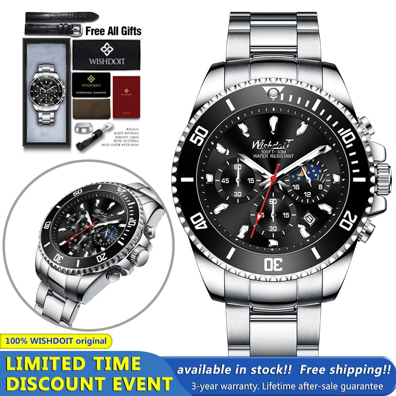 100%Original WISHDOIT Watch for Men TOP Brand Waterproof Sports Stainless Steel Chronograph 2022New Fashion Luxury Wristwatches