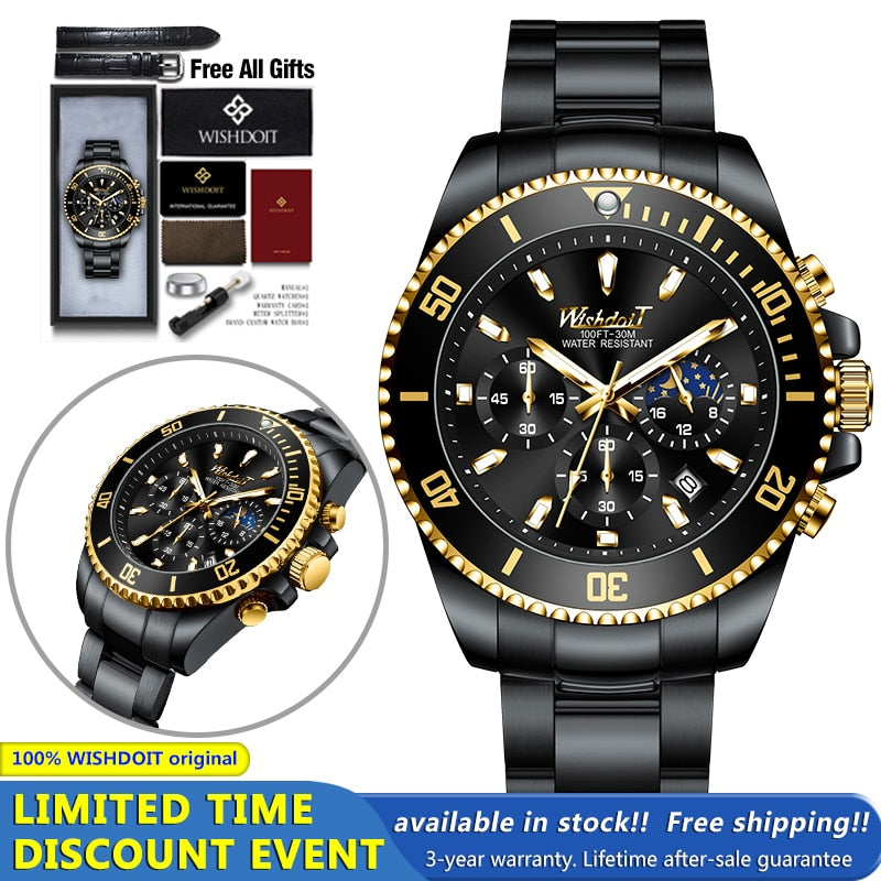 100%Original WISHDOIT Watch for Men TOP Brand Waterproof Sports Stainless Steel Chronograph 2022New Fashion Luxury Wristwatches