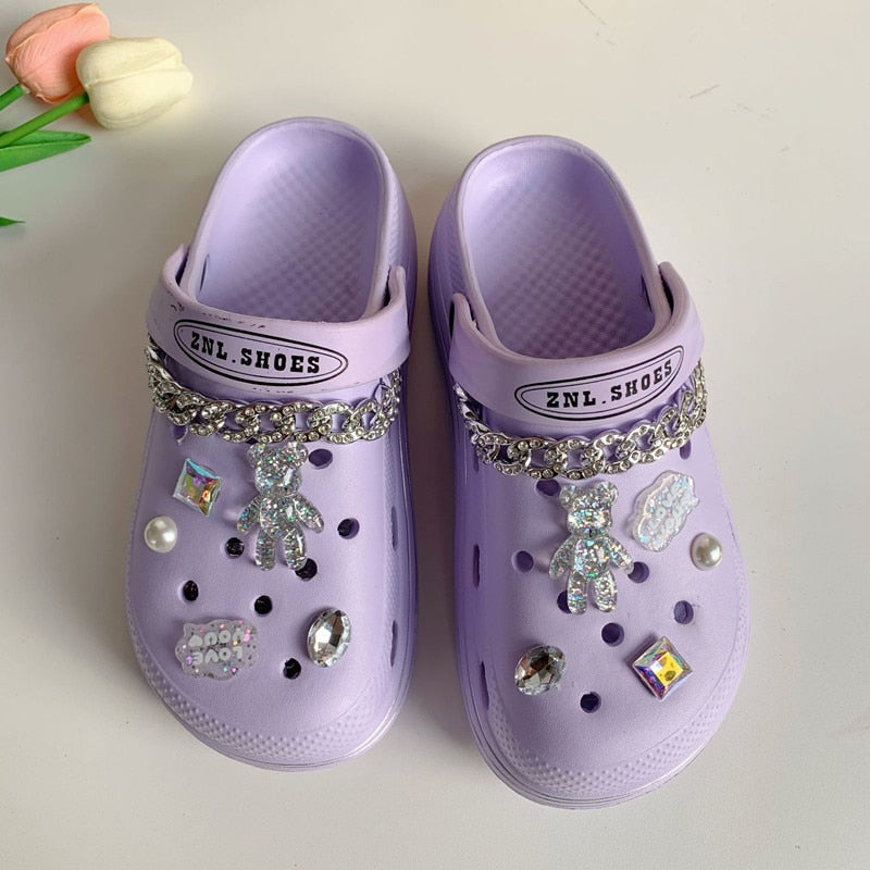 1 Set JIBZ Croc Charms Designer Bling Luxury Flower Perfume Accessories Decorations for Croc Golden Pearl Rhinestone Shoes New