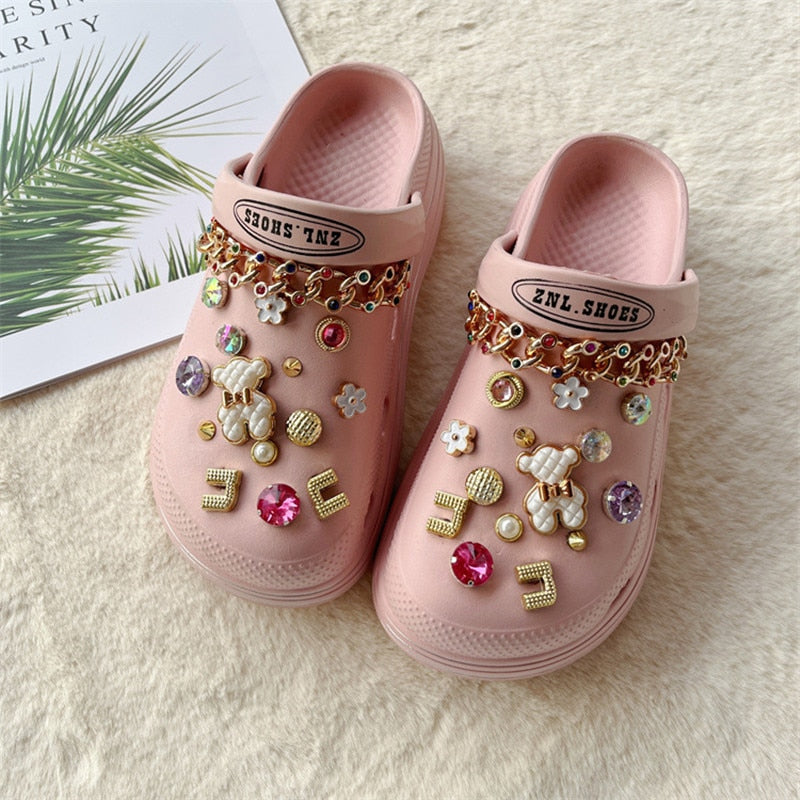1 Set JIBZ Croc Charms Designer Bling Luxury Flower Perfume Accessories Decorations for Croc Golden Pearl Rhinestone Shoes New