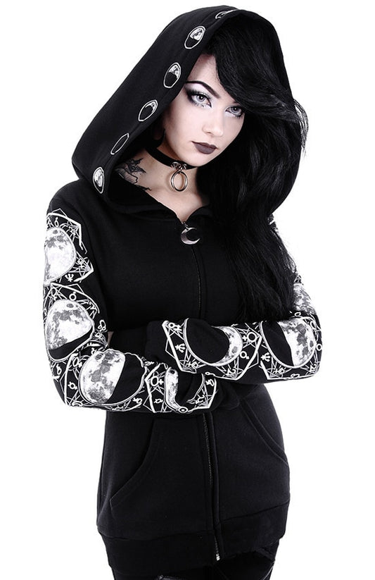 Autumn Female Hooded Sweatshirt Zipper Up Slit Back Long Sleeve Loose  print Women Fleece Hoodies Coats plus size women goth