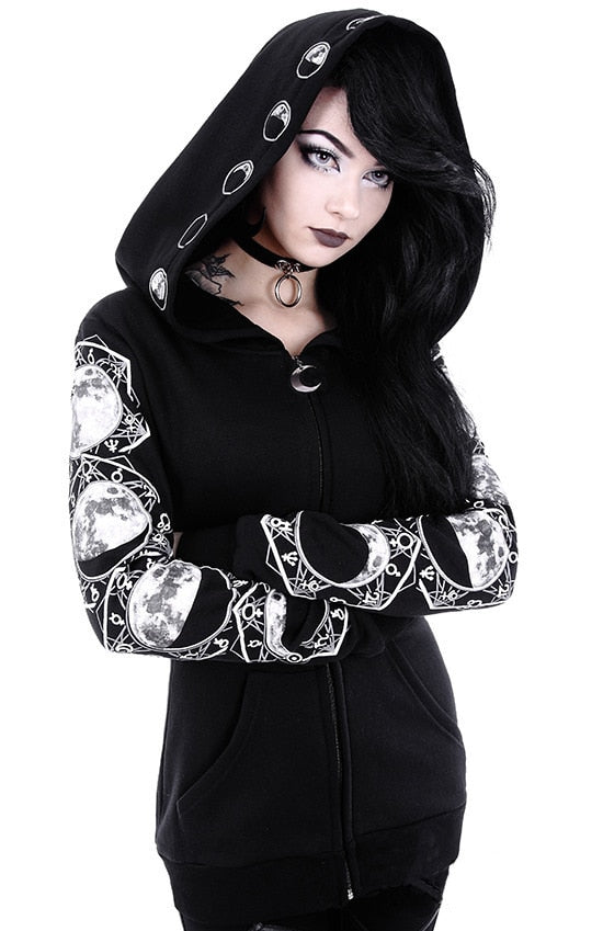 Autumn Female Hooded Sweatshirt Zipper Up Slit Back Long Sleeve Loose  print Women Fleece Hoodies Coats plus size women goth