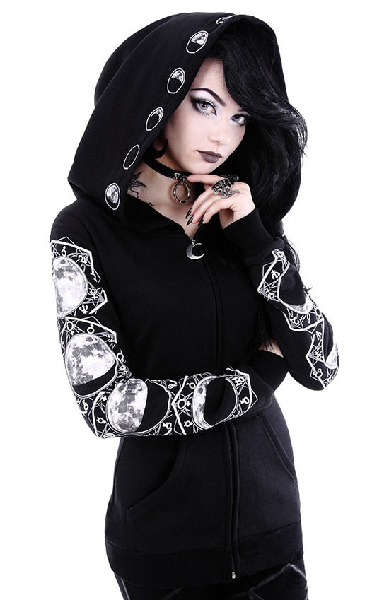 Autumn Female Hooded Sweatshirt Zipper Up Slit Back Long Sleeve Loose  print Women Fleece Hoodies Coats plus size women goth