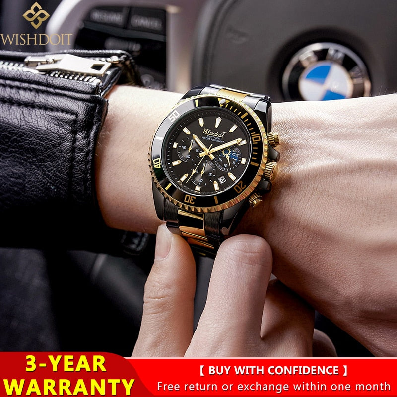 100%Original WISHDOIT Watch for Men TOP Brand Waterproof Sports Stainless Steel Chronograph 2022New Fashion Luxury Wristwatches