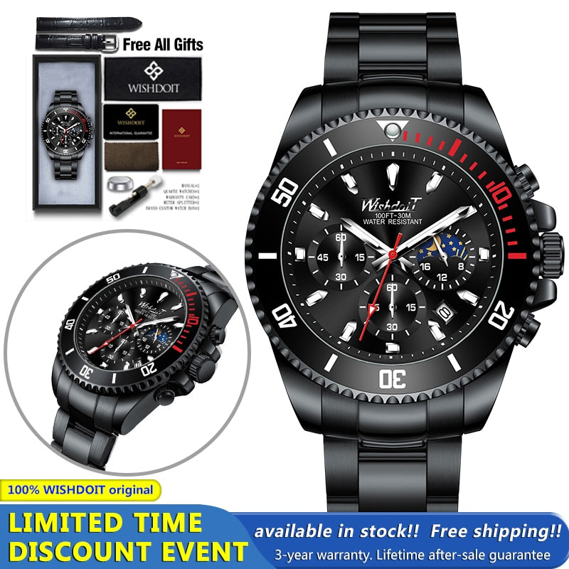 100%Original WISHDOIT Watch for Men TOP Brand Waterproof Sports Stainless Steel Chronograph 2022New Fashion Luxury Wristwatches