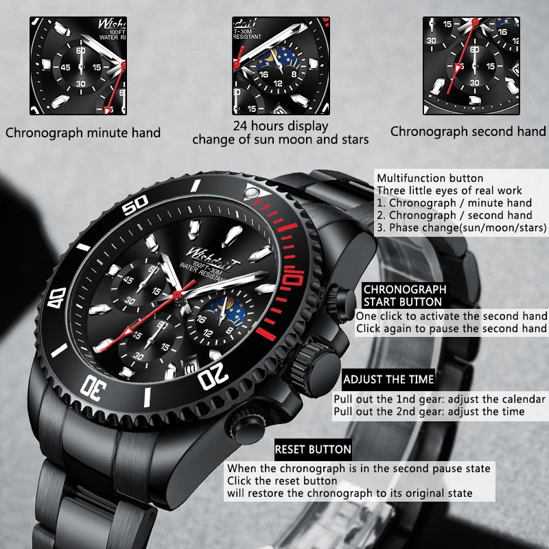 100%Original WISHDOIT Watch for Men TOP Brand Waterproof Sports Stainless Steel Chronograph 2022New Fashion Luxury Wristwatches