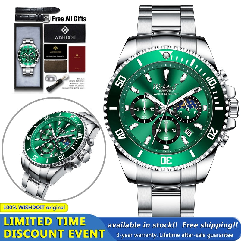 100%Original WISHDOIT Watch for Men TOP Brand Waterproof Sports Stainless Steel Chronograph 2022New Fashion Luxury Wristwatches