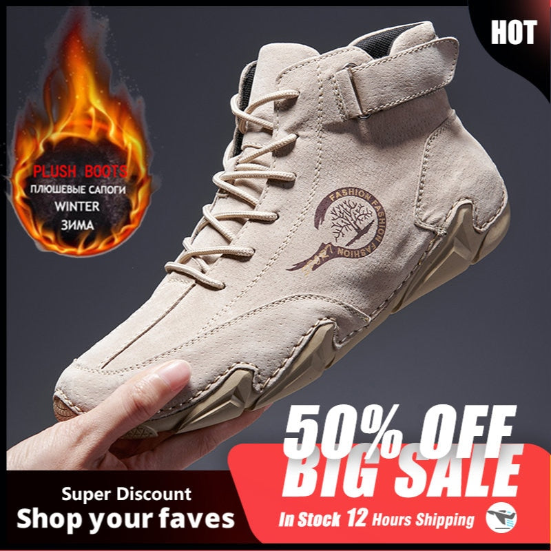 Men Winter Boots 2022 Warm Plush Genuine Leather Luxury High Top Sneakers Free Shipping Loafers Shoes Men Motorcycle Ankle Boots