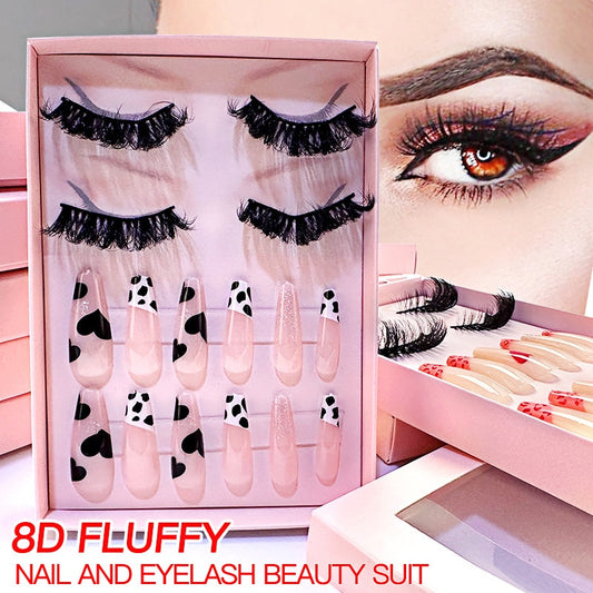 1Set Natural Wild Eyelashes with False Nail Packing Boxes Set Package 3D Fluffy Imitation Mink Lashes Nail Art Suit Box