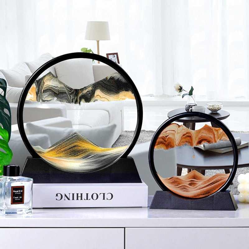 7 Inch Round Moving Sand Art Picture Quicksand Painting Glass 3D Hourglass Sandscape In Motion Display Flowing Sand Frame Decor