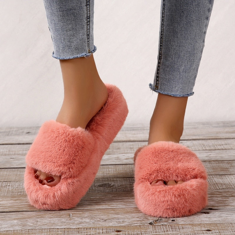 2022 Daughter Quality Luxury One Word Thick Sole Warm Plus Velvet Home Women Shoes Plush Open Toe Cotton Slippers Free Shipping