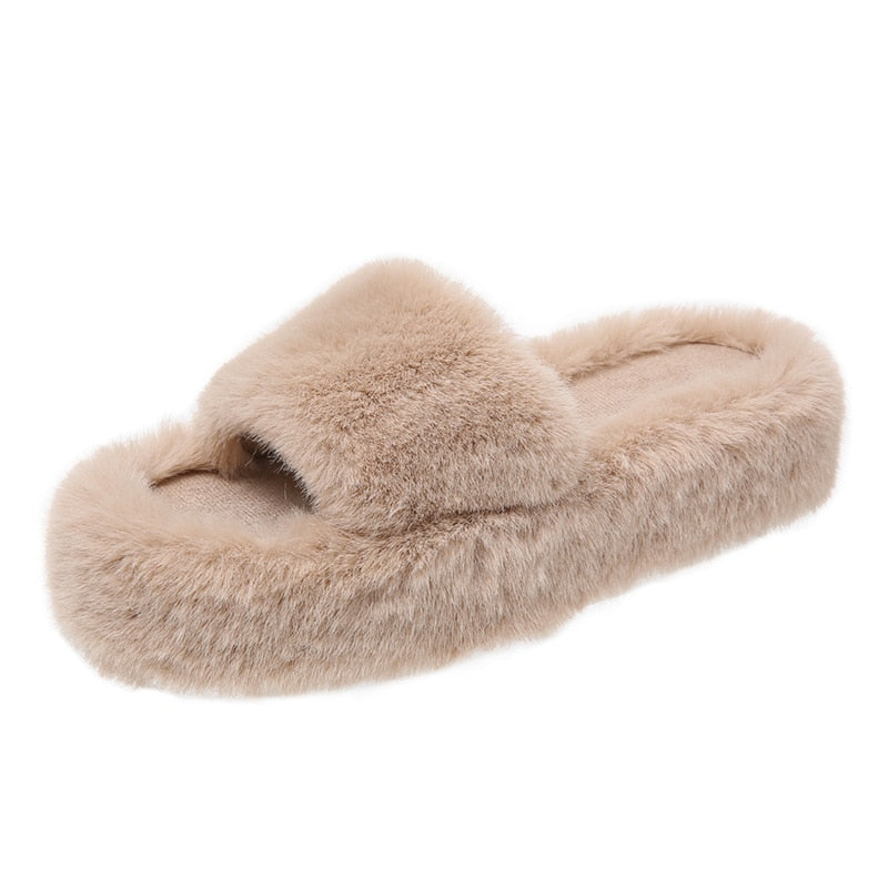 2022 Daughter Quality Luxury One Word Thick Sole Warm Plus Velvet Home Women Shoes Plush Open Toe Cotton Slippers Free Shipping