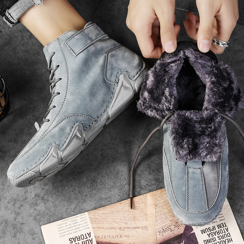 Men Winter Boots 2022 Warm Plush Genuine Leather Luxury High Top Sneakers Free Shipping Loafers Shoes Men Motorcycle Ankle Boots