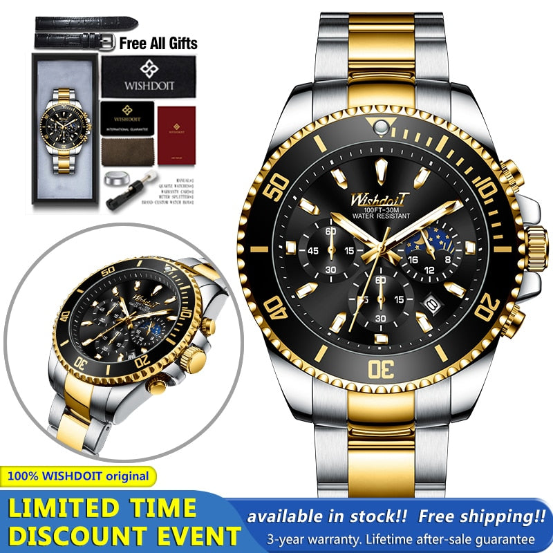 100%Original WISHDOIT Watch for Men TOP Brand Waterproof Sports Stainless Steel Chronograph 2022New Fashion Luxury Wristwatches