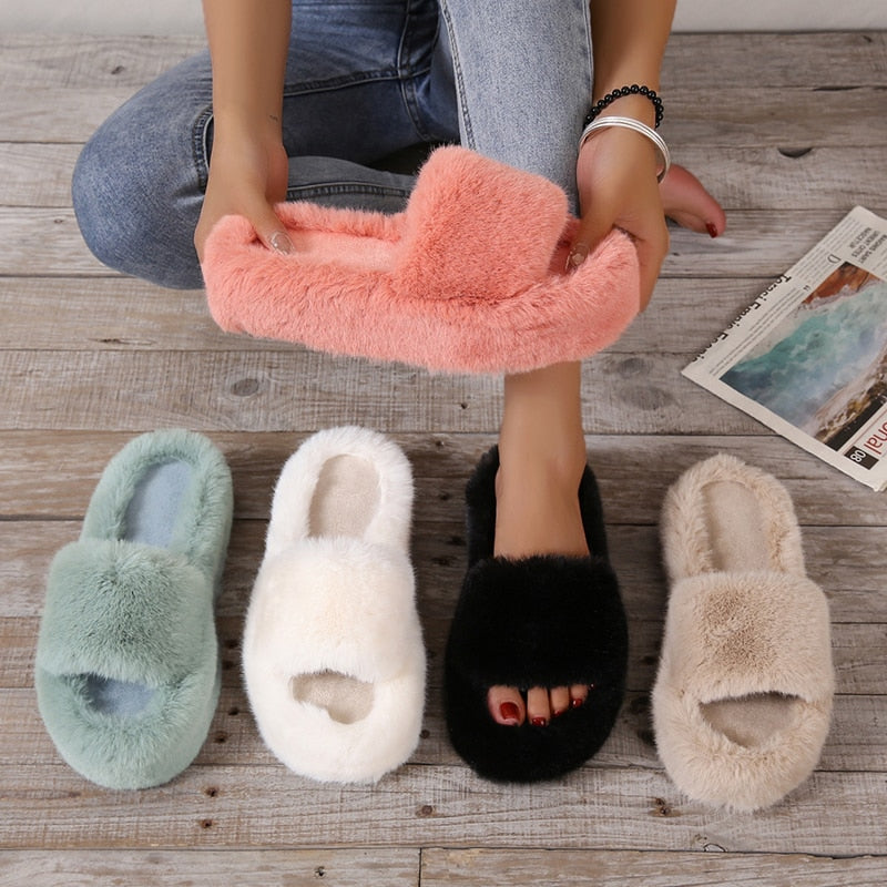 2022 Daughter Quality Luxury One Word Thick Sole Warm Plus Velvet Home Women Shoes Plush Open Toe Cotton Slippers Free Shipping