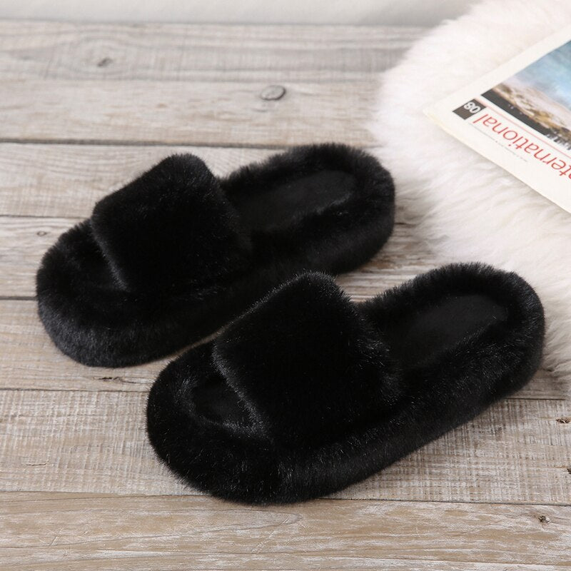 2022 Daughter Quality Luxury One Word Thick Sole Warm Plus Velvet Home Women Shoes Plush Open Toe Cotton Slippers Free Shipping