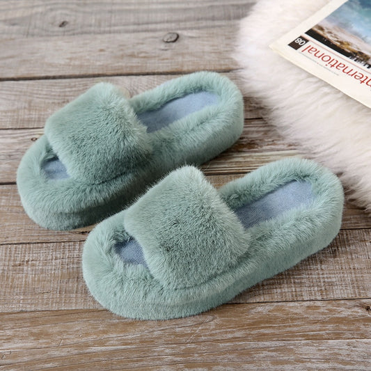 2022 Daughter Quality Luxury One Word Thick Sole Warm Plus Velvet Home Women Shoes Plush Open Toe Cotton Slippers Free Shipping