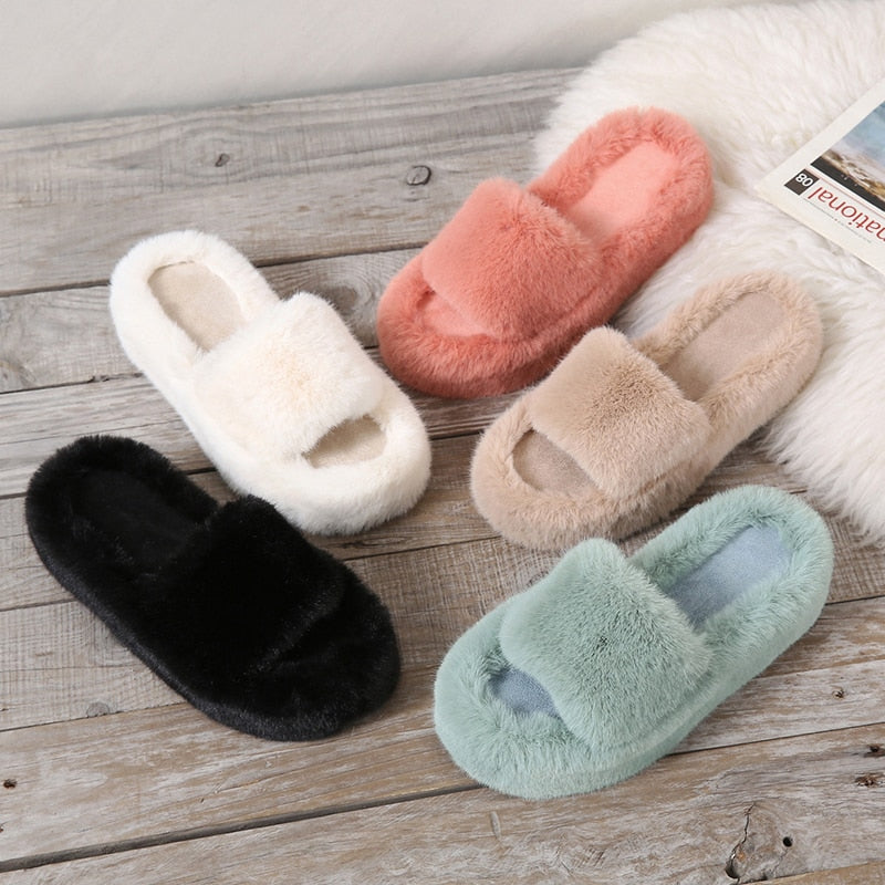 2022 Daughter Quality Luxury One Word Thick Sole Warm Plus Velvet Home Women Shoes Plush Open Toe Cotton Slippers Free Shipping
