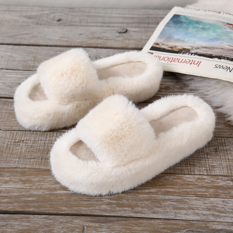 2022 Daughter Quality Luxury One Word Thick Sole Warm Plus Velvet Home Women Shoes Plush Open Toe Cotton Slippers Free Shipping