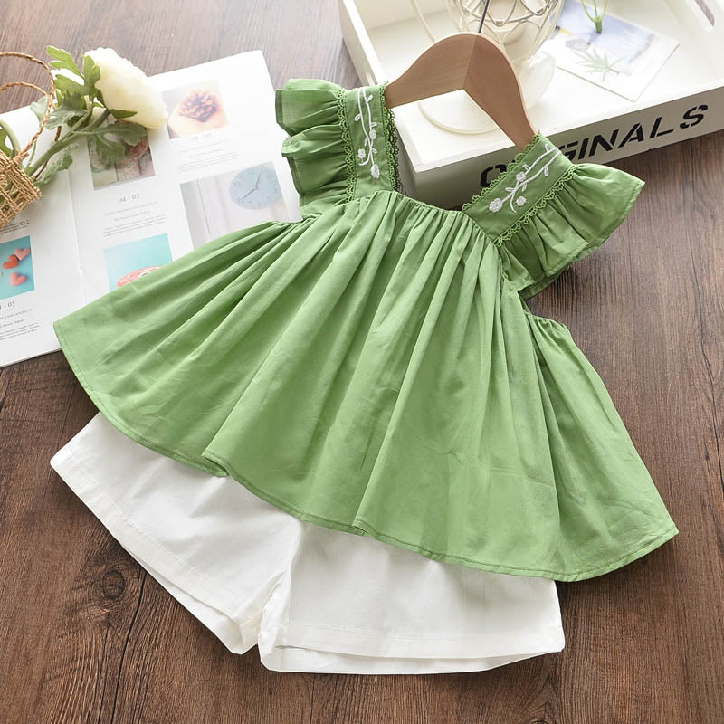 Bear Leader Girls Clothing Sets 2022 Summer Kids Clothes Floral Chiffon Halter+Embroidered Shorts Straw Children Clothing