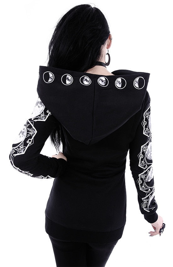 Autumn Female Hooded Sweatshirt Zipper Up Slit Back Long Sleeve Loose  print Women Fleece Hoodies Coats plus size women goth