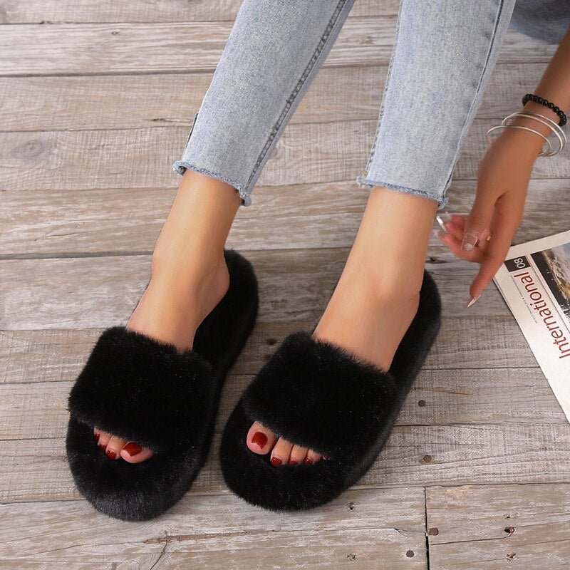 2022 Daughter Quality Luxury One Word Thick Sole Warm Plus Velvet Home Women Shoes Plush Open Toe Cotton Slippers Free Shipping