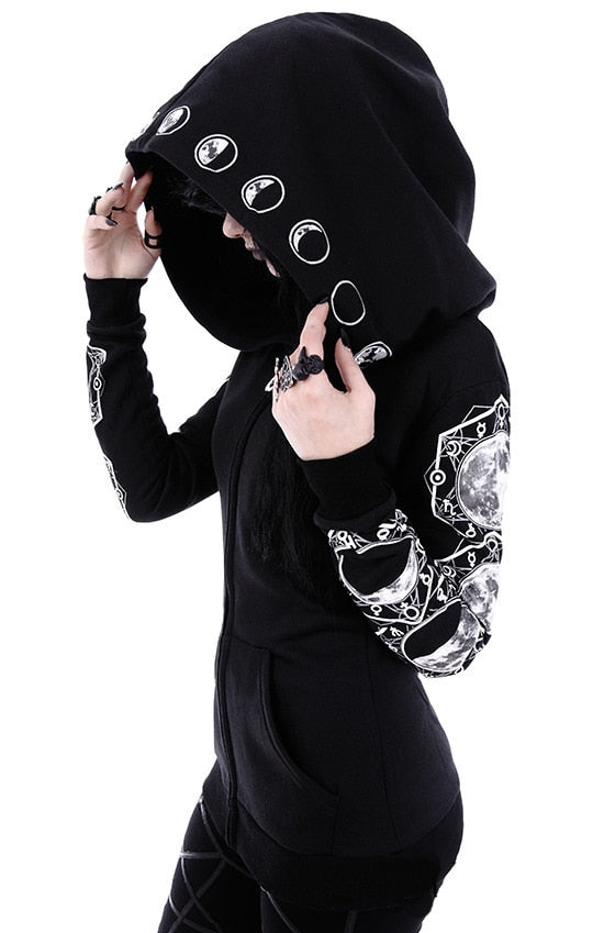 Autumn Female Hooded Sweatshirt Zipper Up Slit Back Long Sleeve Loose  print Women Fleece Hoodies Coats plus size women goth
