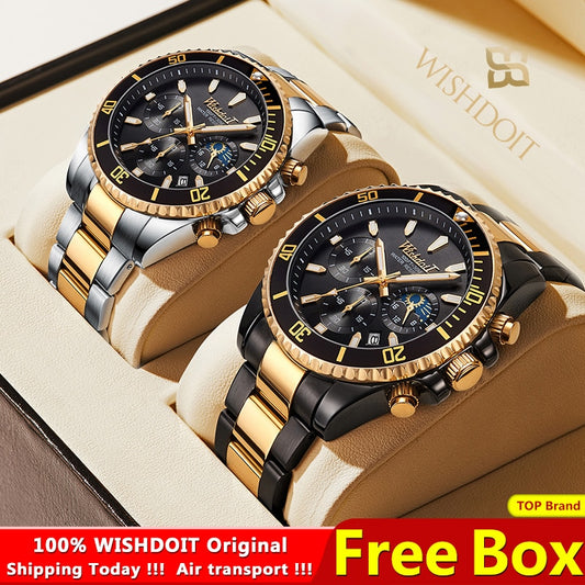100%Original WISHDOIT Watch for Men TOP Brand Waterproof Sports Stainless Steel Chronograph 2022New Fashion Luxury Wristwatches