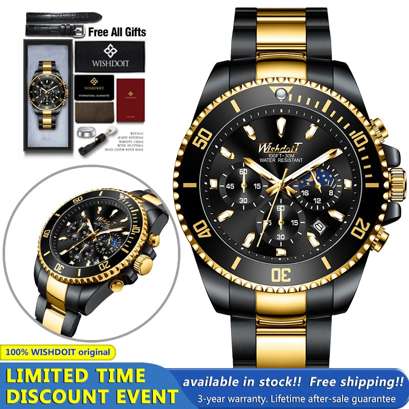 100%Original WISHDOIT Watch for Men TOP Brand Waterproof Sports Stainless Steel Chronograph 2022New Fashion Luxury Wristwatches